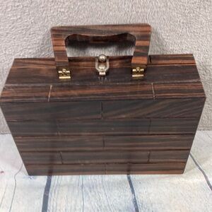 Wooden Handbag w Metal Clasp Wooden Handle Gold Velvet Lined